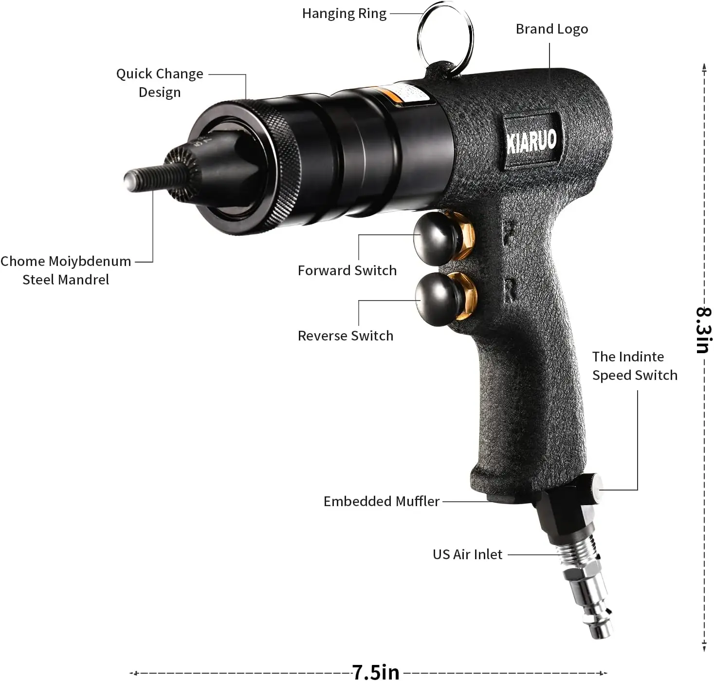 Rivet Nut Gun with Self-locking Head Gun 1/4 & 5/16 & 3/8 Mandrels,Industrial Grade Adjustable Speed Pull Rivnut Gun Model:LM07