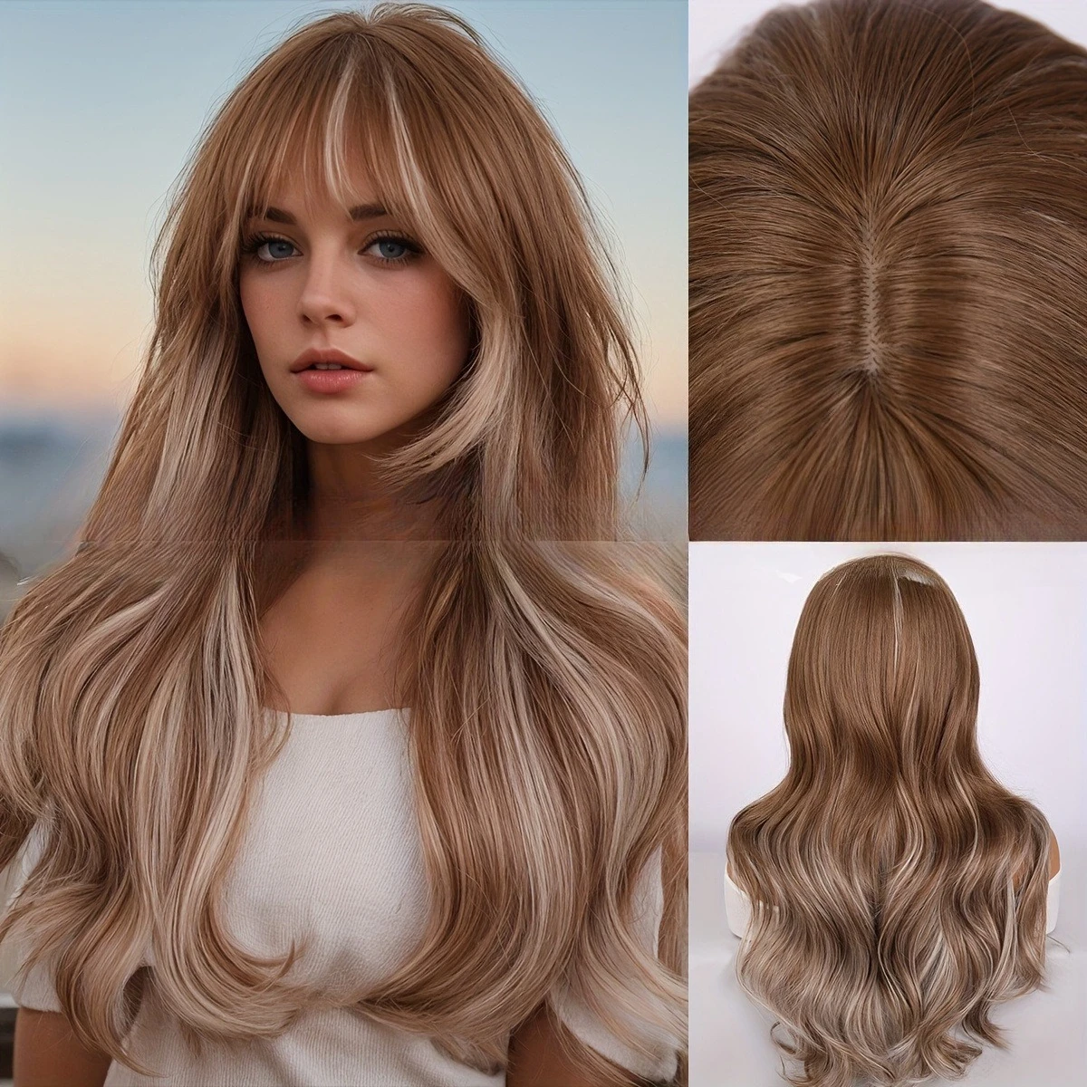 

24-Inch brown-gold highlights, with bangs, women's wig, high-temperature silk wig, fluffy and dense, self-styled