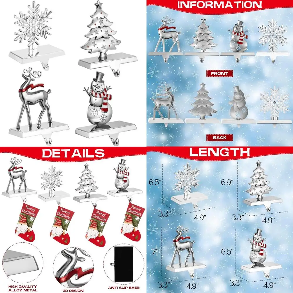

4-Pack Snowflake Themed Christmas Stocking Holders - Snowman, Reindeer, Tree, and Snowflake Metal Hangers for Holiday Mantel Dec