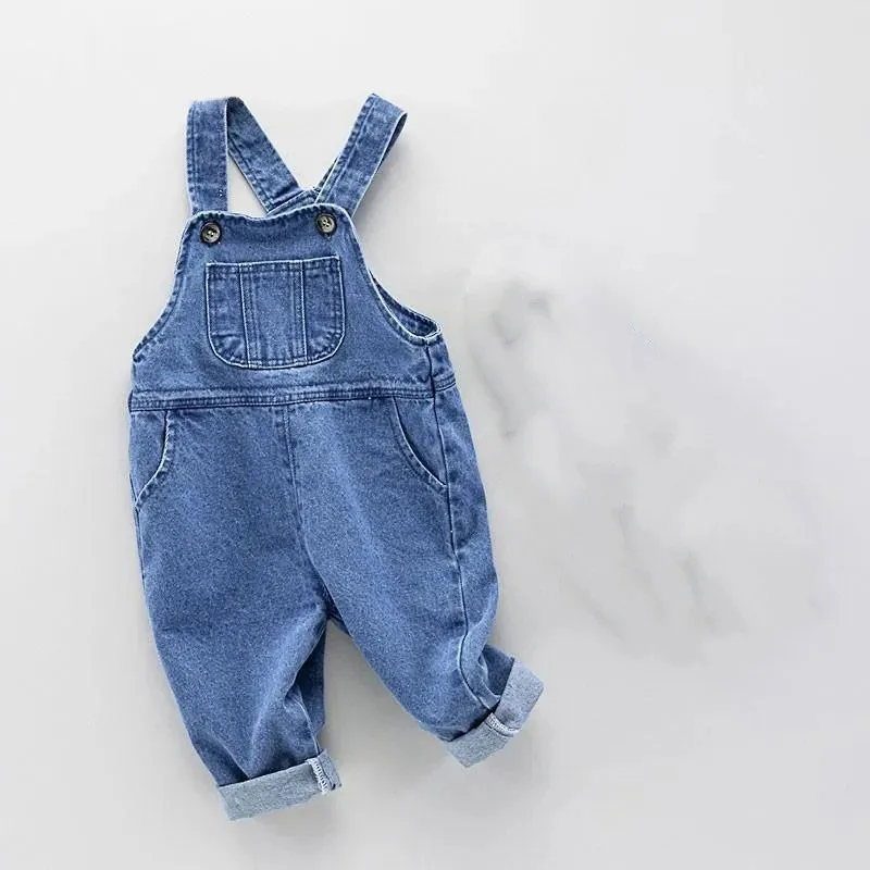 Baby Clothes Spring new Korean Style Loose Straight Denim Overalls Large Pocket High Waist Trousers Blue Versatile Denim Pants