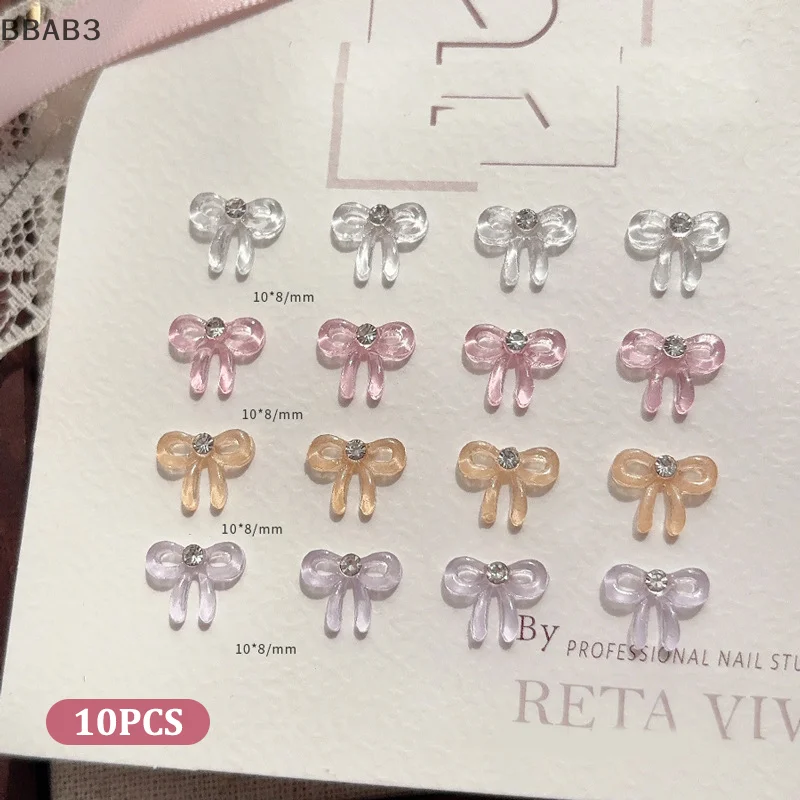 10PCS Transparent 3D Nail Art Rhinestone Bow Charms Accessories Parts For Manicure Nails Decoration Supplies