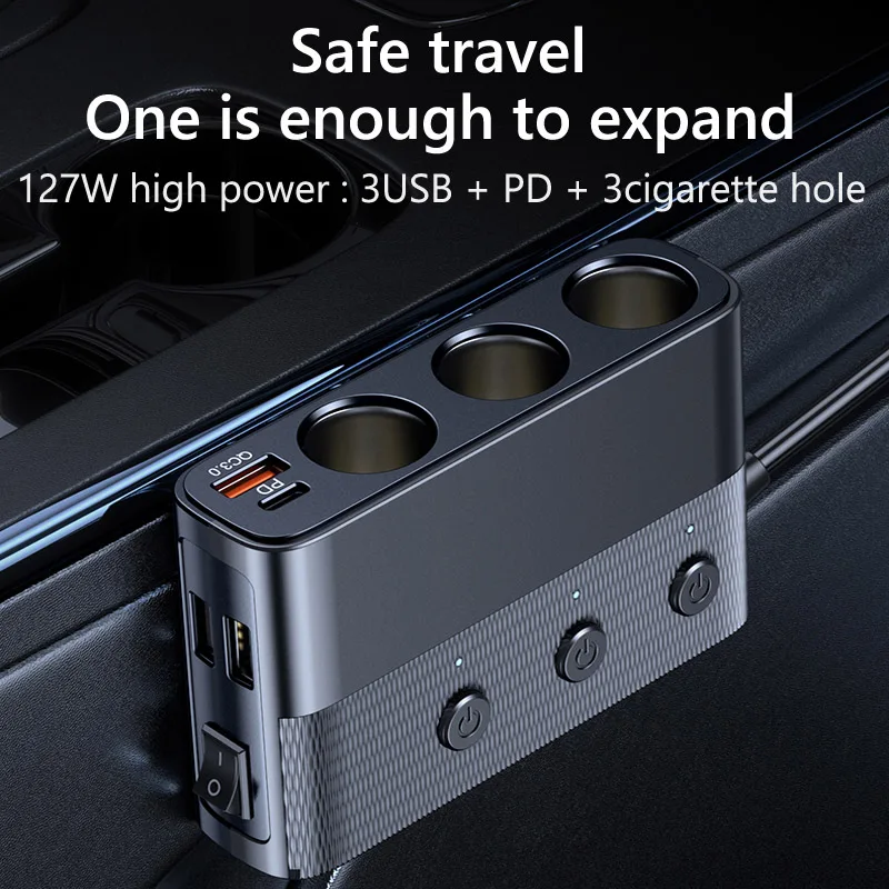JaJaBor Car Cigarette Lighter Socket Splitter 7 Ports QC3.0 18W PD 30W Fast Charge Independent Switch 127W High Power Adapter