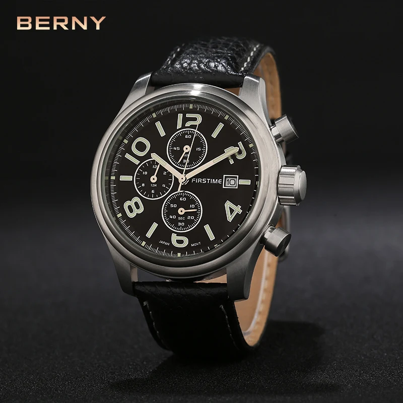 BERNY Japan Quartz Watch for Men Stainless Steel Calendar Luminous Chronograph Wristwatch Quality Sport Watch Waterproof Bluckle