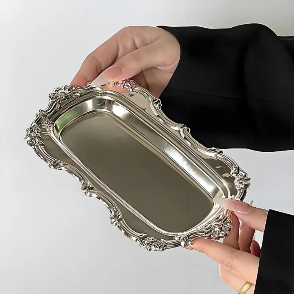 Bandeja Vintage de acero inoxidable, plato de postre en relieve, espejo, cara, joyería, plato de almacenamiento, decoración del hogar