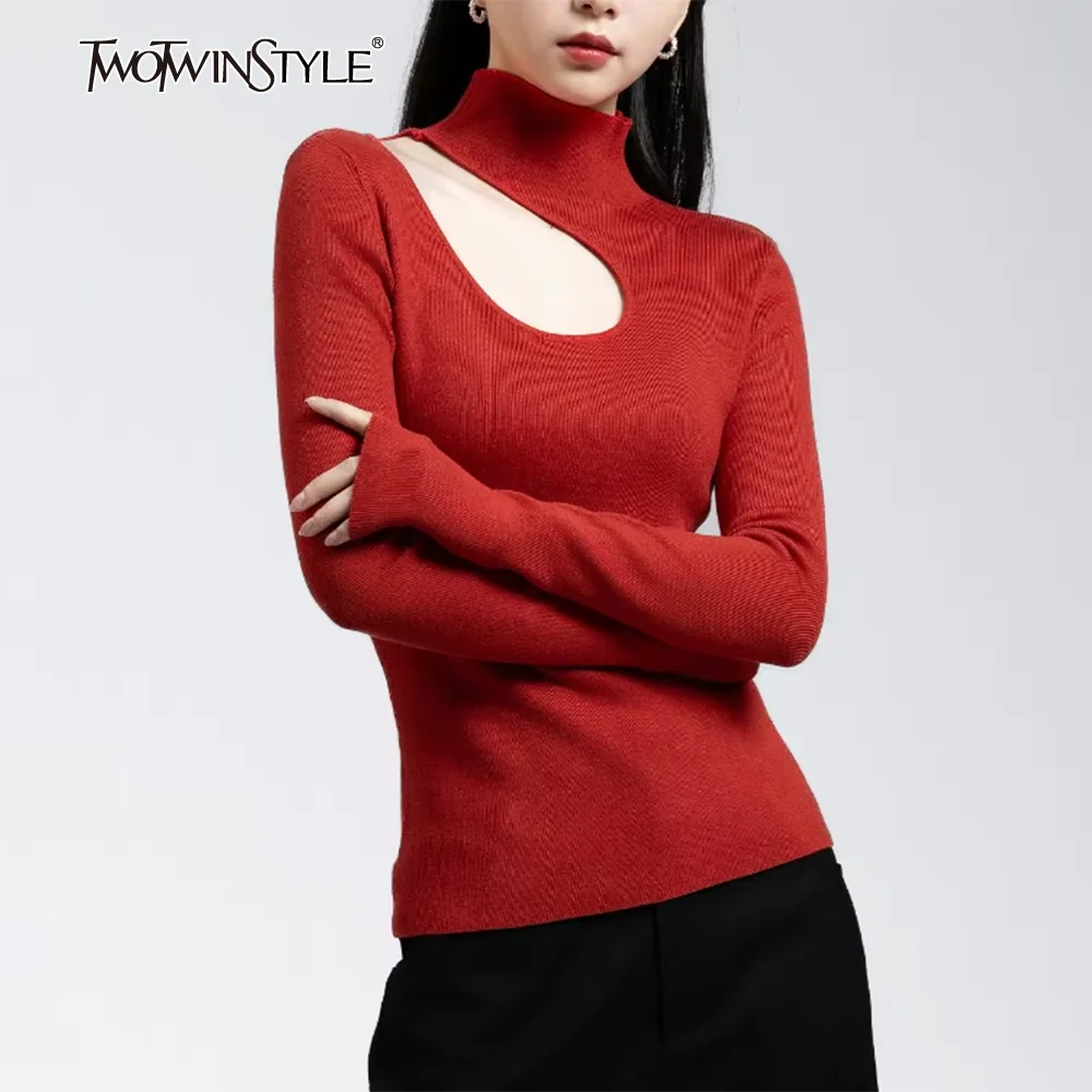 

TWOTWINSTYLE Solid Hollow Out Slimming Sweaters for Women High Neck Long Sleeve Temperament Pullovera Female New