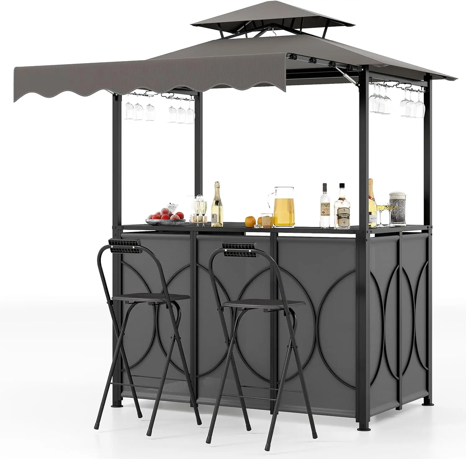 Outdoor Metal Patio Bar Set in Gray for Poolside, Garden, Backyard with Grill Gazebo, Foldable Stools and Storage Shelves