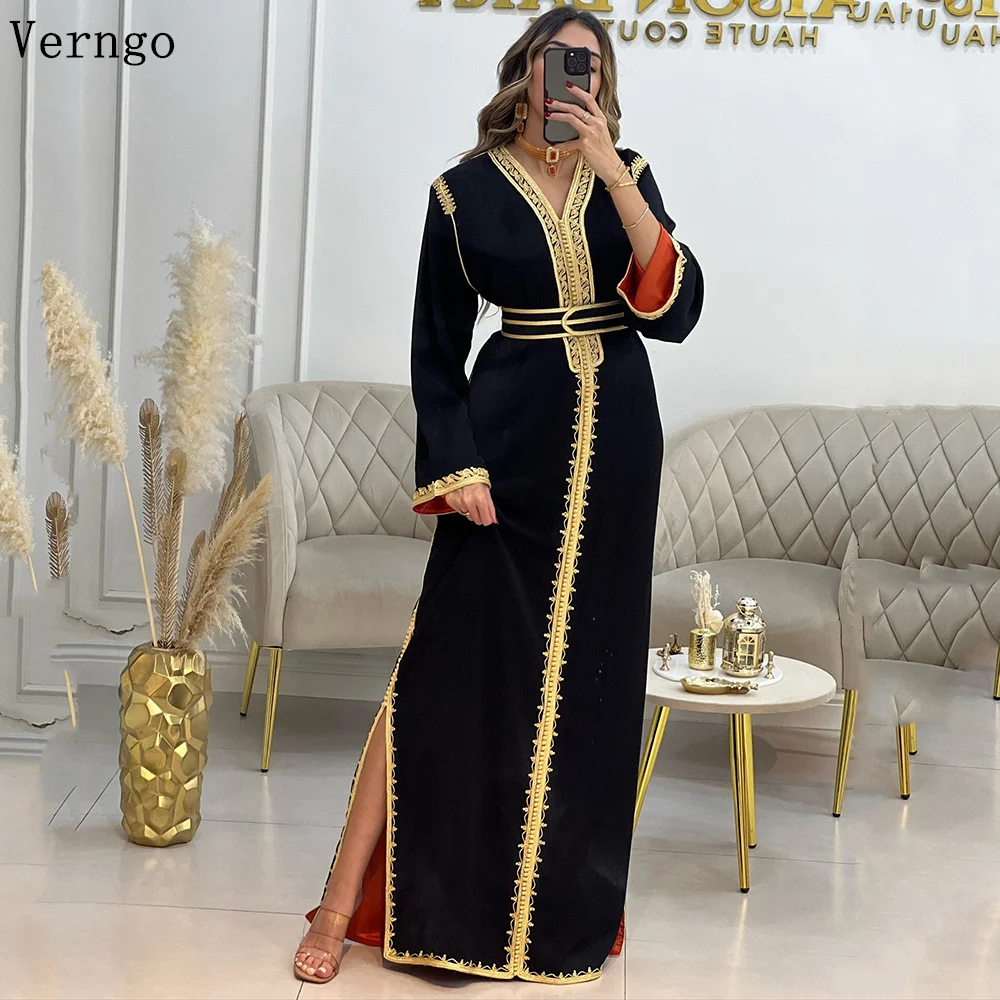 

Verngo Black Caftan Evening Dress V Neck Full Sleeves A Line Prom Party Dress Side Slit Modest Arabic Prom Gowns Customized