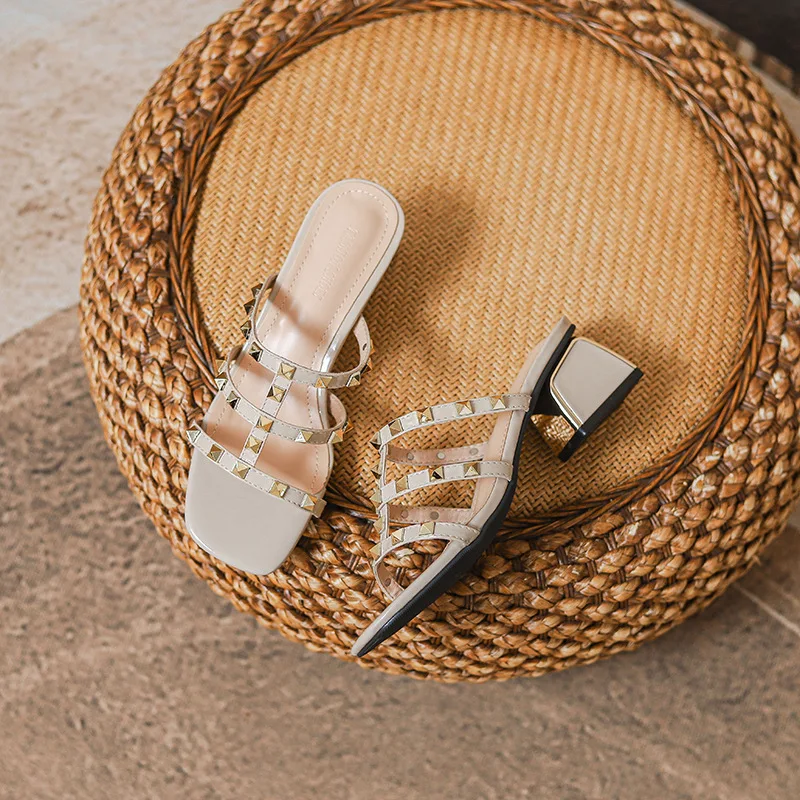 Low Rivet Shoes Ladies' Slippers Thin Heels Pointed Toe Heeled Mules Rubber Flip Flops Soft Square High Hawaiian Rome Slides Pat