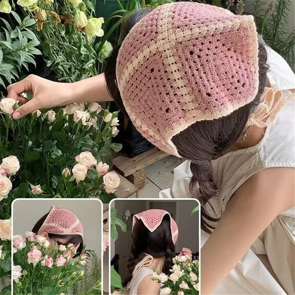 Small Mushroom Strawberry Handmade Crochet Hollow Triangle Headband Towel Sweet Cute Strap Hair Bag Headscarf Hat Korean