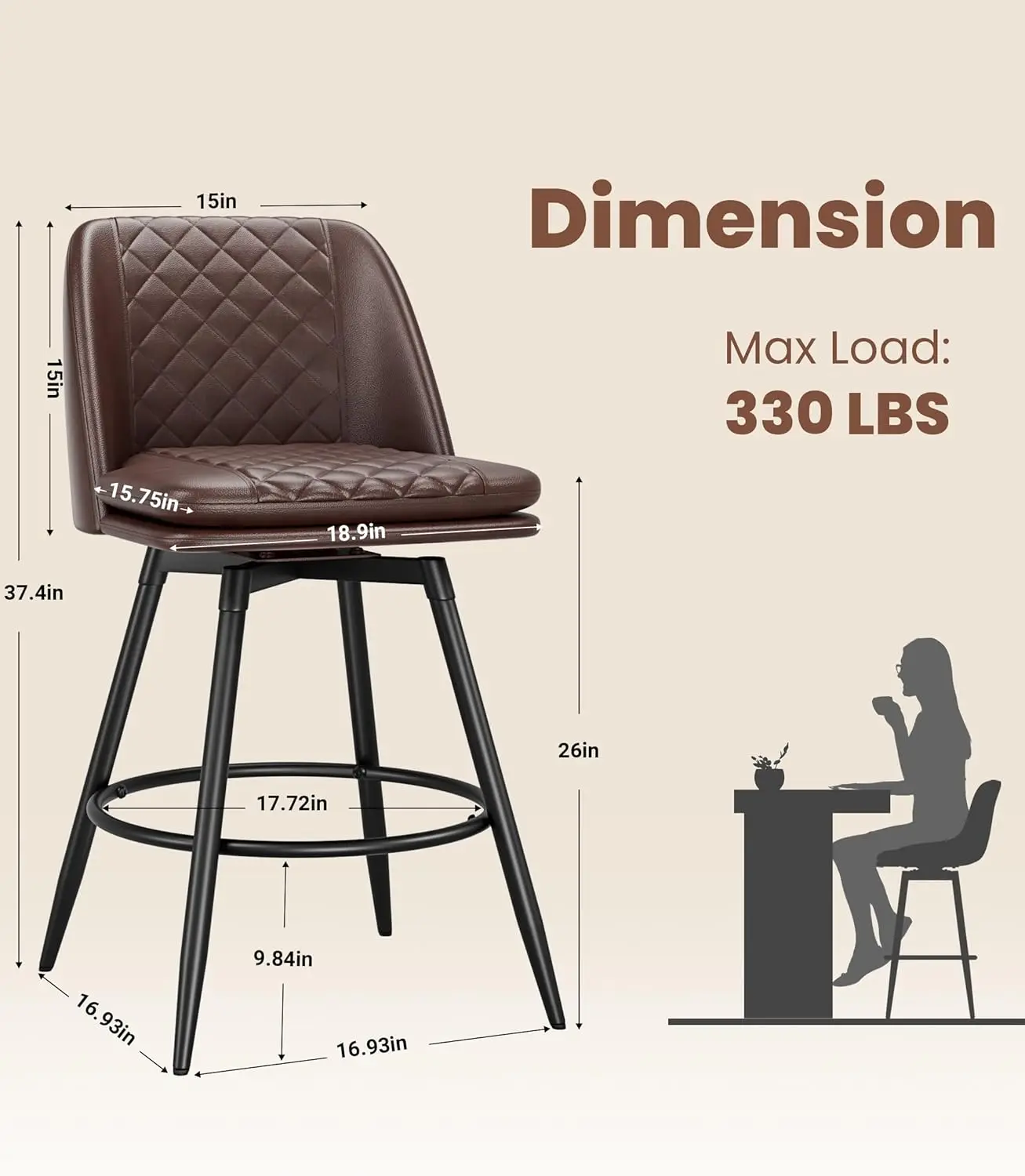 26 inch Bar Stools Set of 4, 360° Swivel Counter Height Barstools with Back, Double-Layer Upholstered Faux Leather Modern Bar Ch