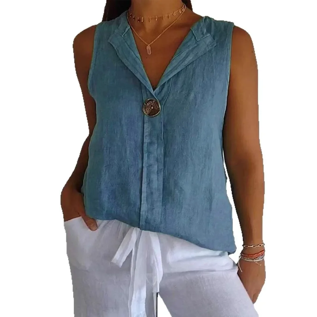 

Летние рубашки, женский жилет с v-образным вырезом и пуговицами, повседневный однотонный уличный простой топ без рукавов, свободная пляжная рубашка, офисные женские блузки