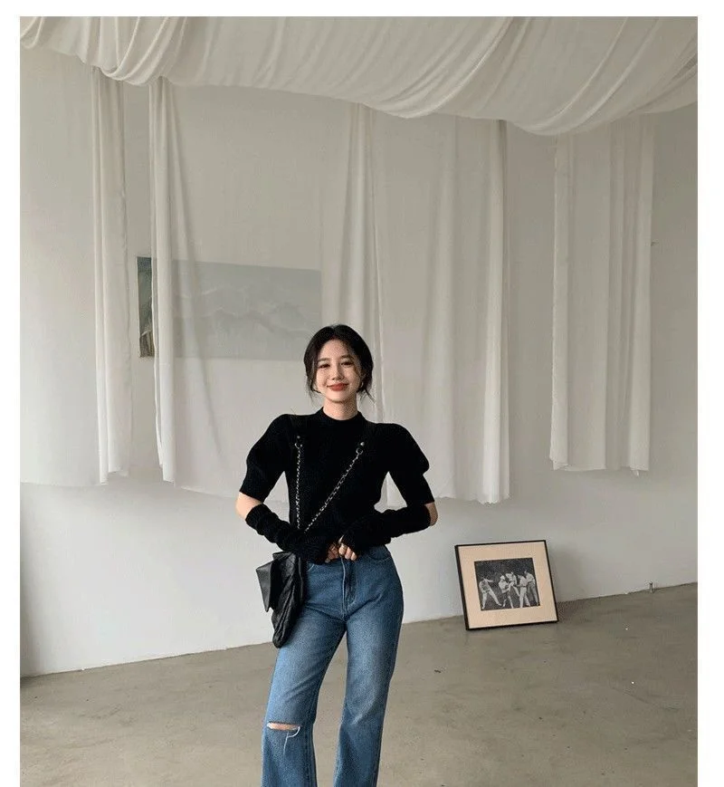 سترة محبوكة بأكمام قابلة للفصل سترة نسائية كورية للخريف من خيوط مالهاس الأناناس حافة متموجة مرنة فنية جيارو OL