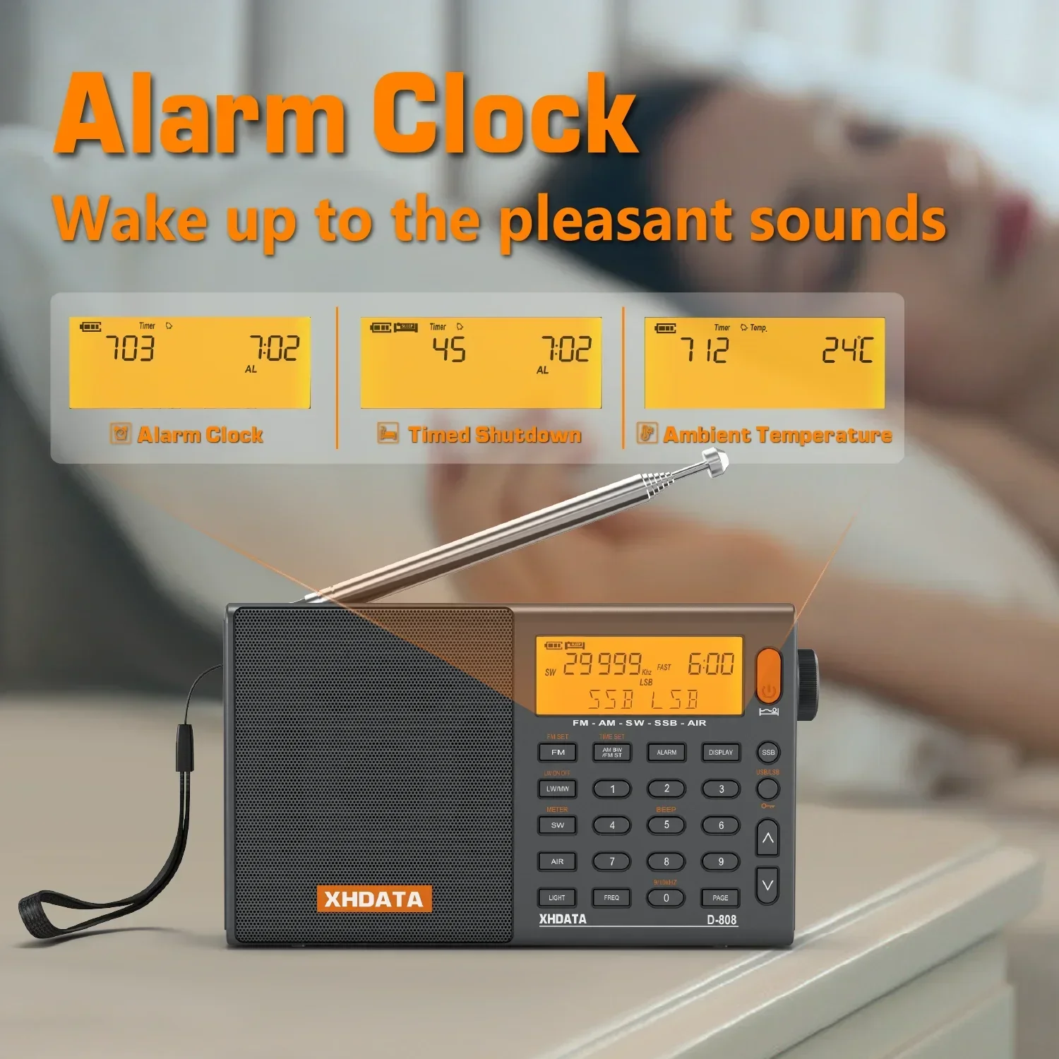 Top! D-808 Portable Radio AM/FM/SW/MW/LW SSB AIR RDS Radio Speaker with LCD Display Alarm Clock Stereo Radio D808 .