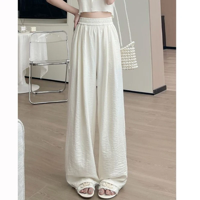 Hot Sale Solid Daily Female Leisure Pants 2025 Girls Fashion High Waist Pants Women Baggy Ice Silk Straight Leg Trousers