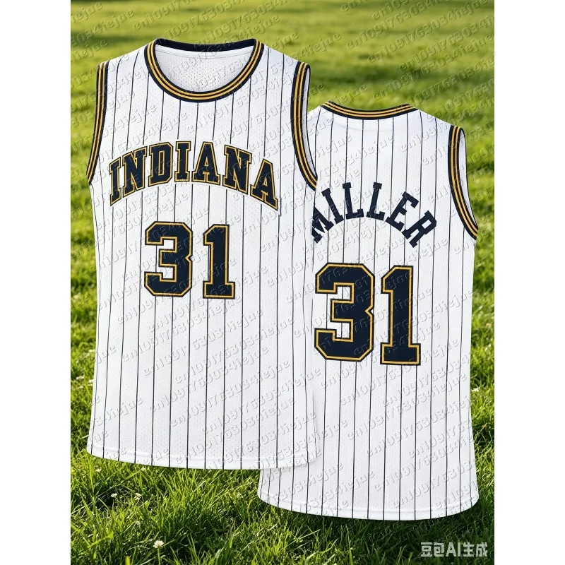 Retro Miller 31 Indiana Basketball Jersey Yellow Pinstripe Navy Print Sports Uniform Casual 3d Printed Vest Kids and Men