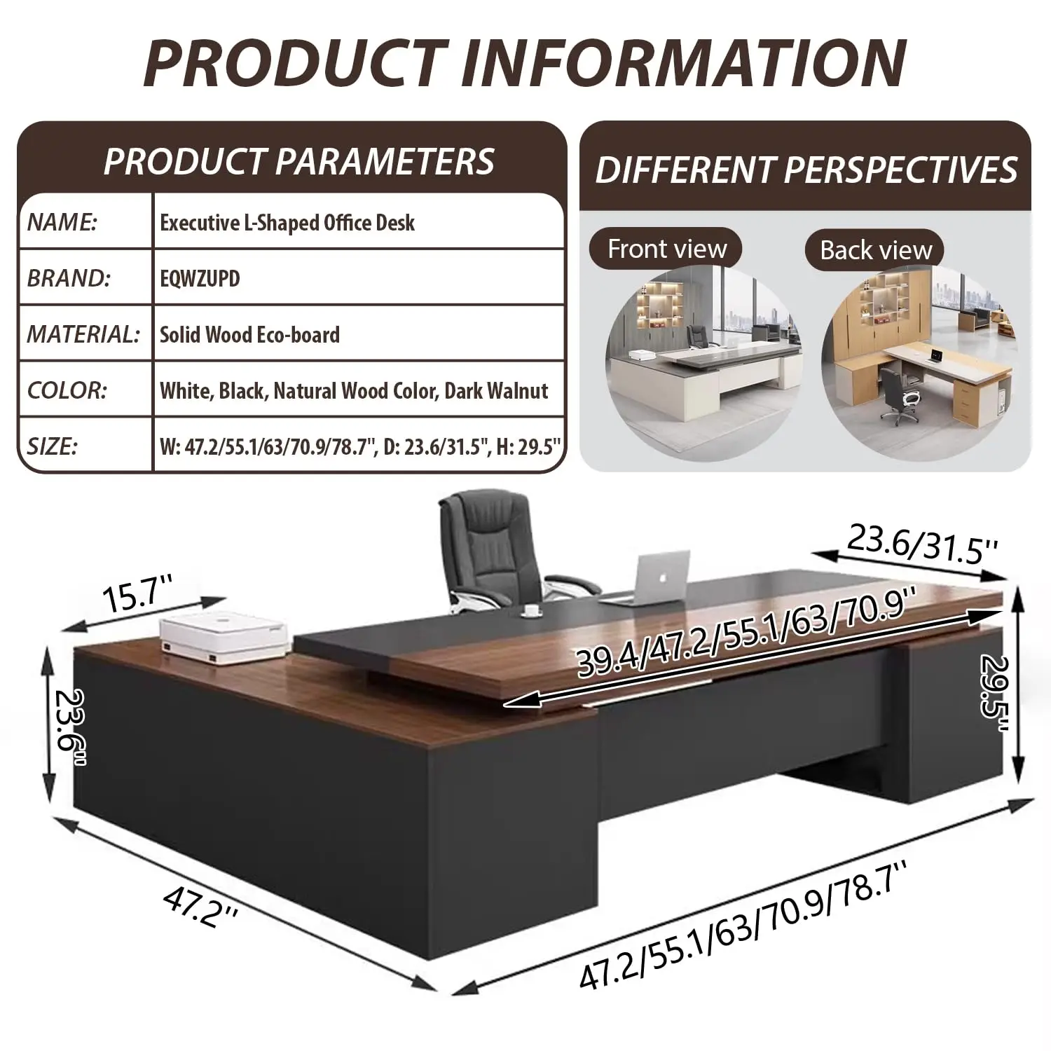 L Shaped Executive Desk with Locking Drawer, Thick Desktop, Storage Workstation for Home Office & Business, Customized