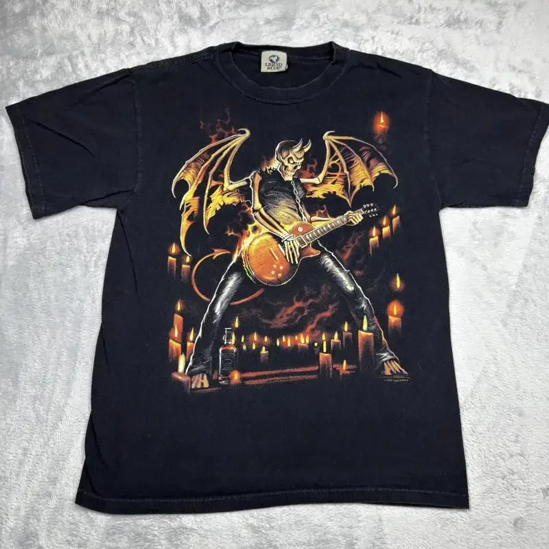 Liquid Blue Shirt Mens Medium Demon Guitar Flames Candles Rock Band 2007 Tee