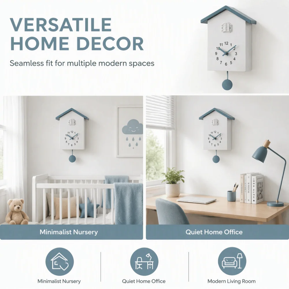 Battery Powered Cuckoo Wall Clock Timed Alarm Bird Voice Call Bird House Clock Gray Color Pendulum Mechanism Pendulum Wall Clock