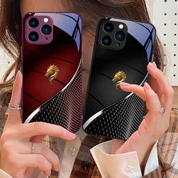 Black Tempered Glass phone case for iPhone 15 Pro 14 13 12 Mini 11 XS Max XR 7 8 Plu SE 2020 2022 Chinese Loong Powder