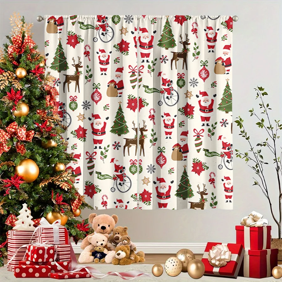 2PCS Christmas Winter Curtains, Cartoon Santa Bicycle Reindeer Tree White Retro, Digital Print, Bedroom Living Room, Home Decor