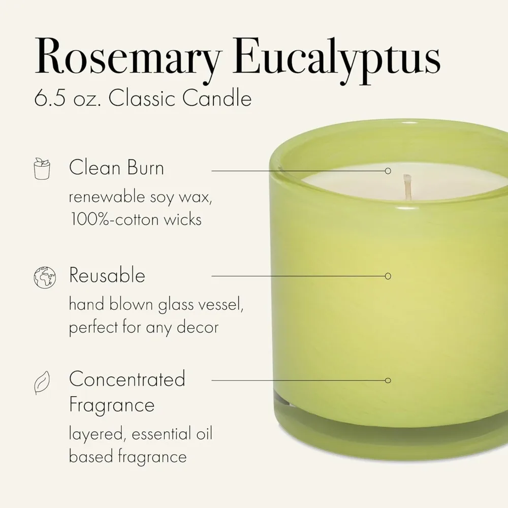 Classic 6.5 oz Candle with 50-Hour Burn Time, Rosemary Eucalyptus Scent, Reusable Hand Blown Glass Vessel, Made in USA