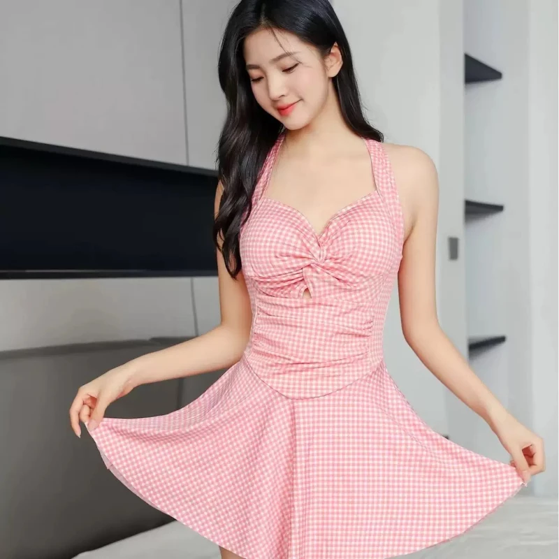 Vestido de baño para mujer, traje de baño conservador fresco, a cuadros simples, cuello Halter, Bikini Sexy sin espalda, traje de baño para vacaciones, traje de baño de una pieza