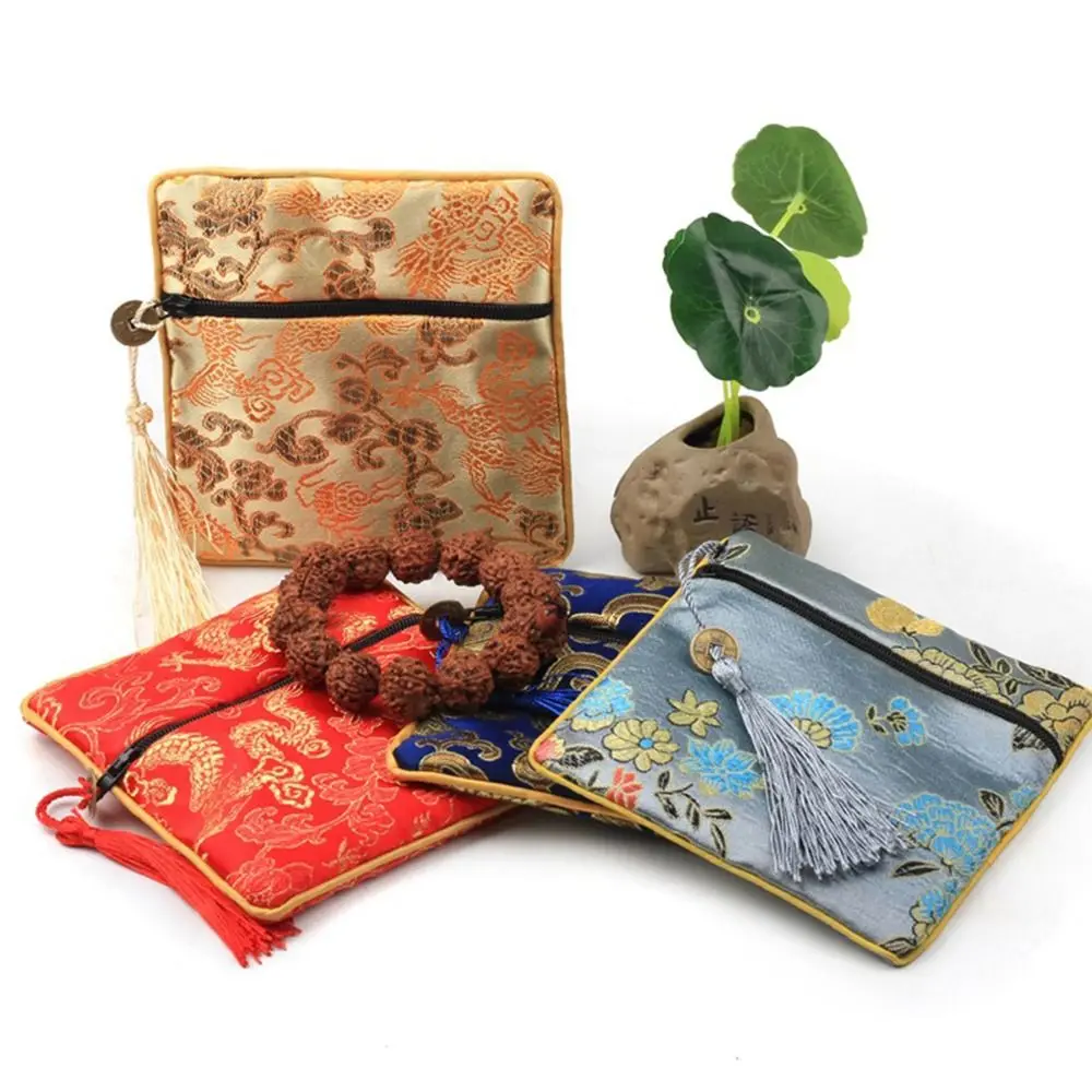 Coin Purses Chinese Square Silk Jewelry Organizer Pouches Zipper Bags Embroidery Flower Travel Bags