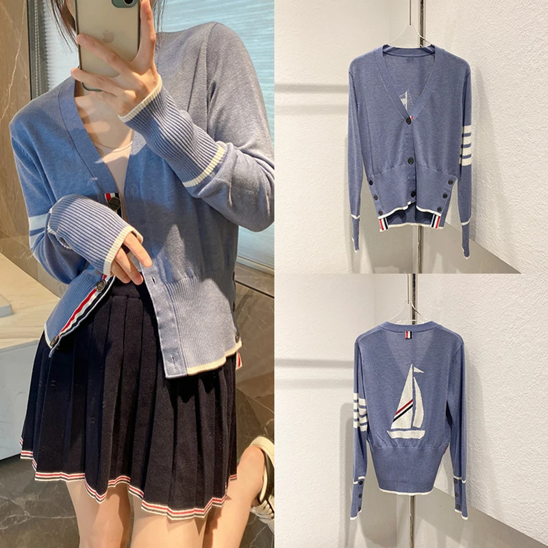 Fashion Brand Back Sailboat Jacquard Simple Design Short Front Long Back Blue Striped V-neck Knit Jacket Women Sweater Cardigan