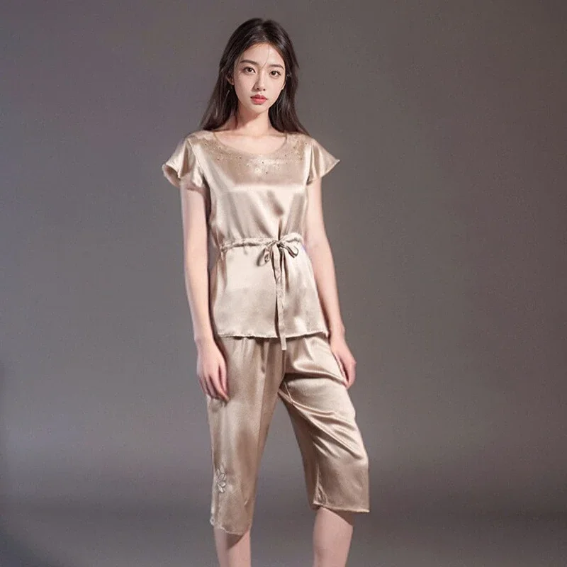 19MM Heavy Silk Shirt Top and Pants Two-Piece Pajama 100% Mulberry Silk Short Sleeve Pajamas Homewear Summer Sleep Loungewear PJ