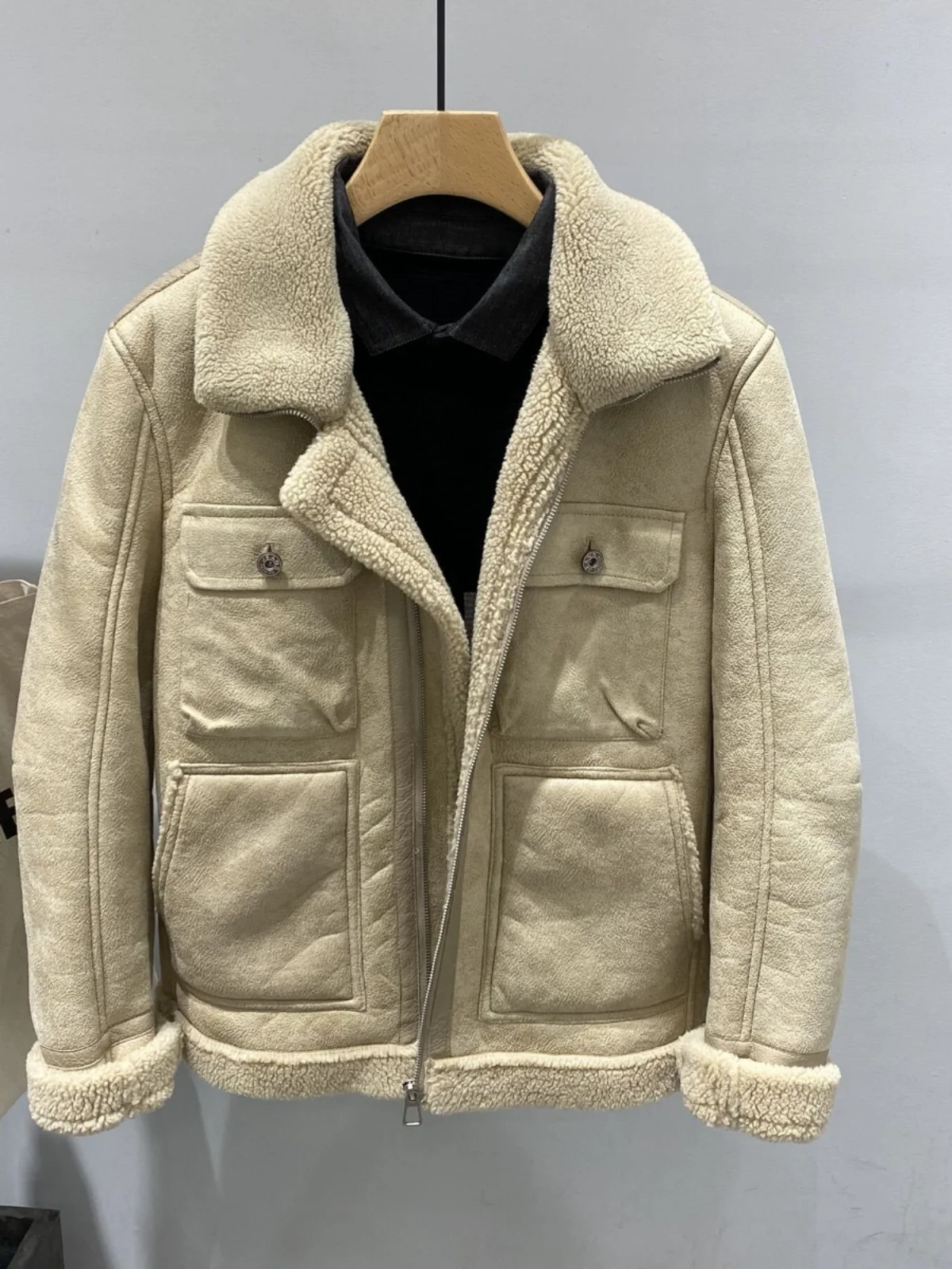 

Осень-зима, мужская модная теплая куртка с бархатным воротником ягненка, верхняя одежда, молодежное пальто на молнии, длинное облегающее пальто све