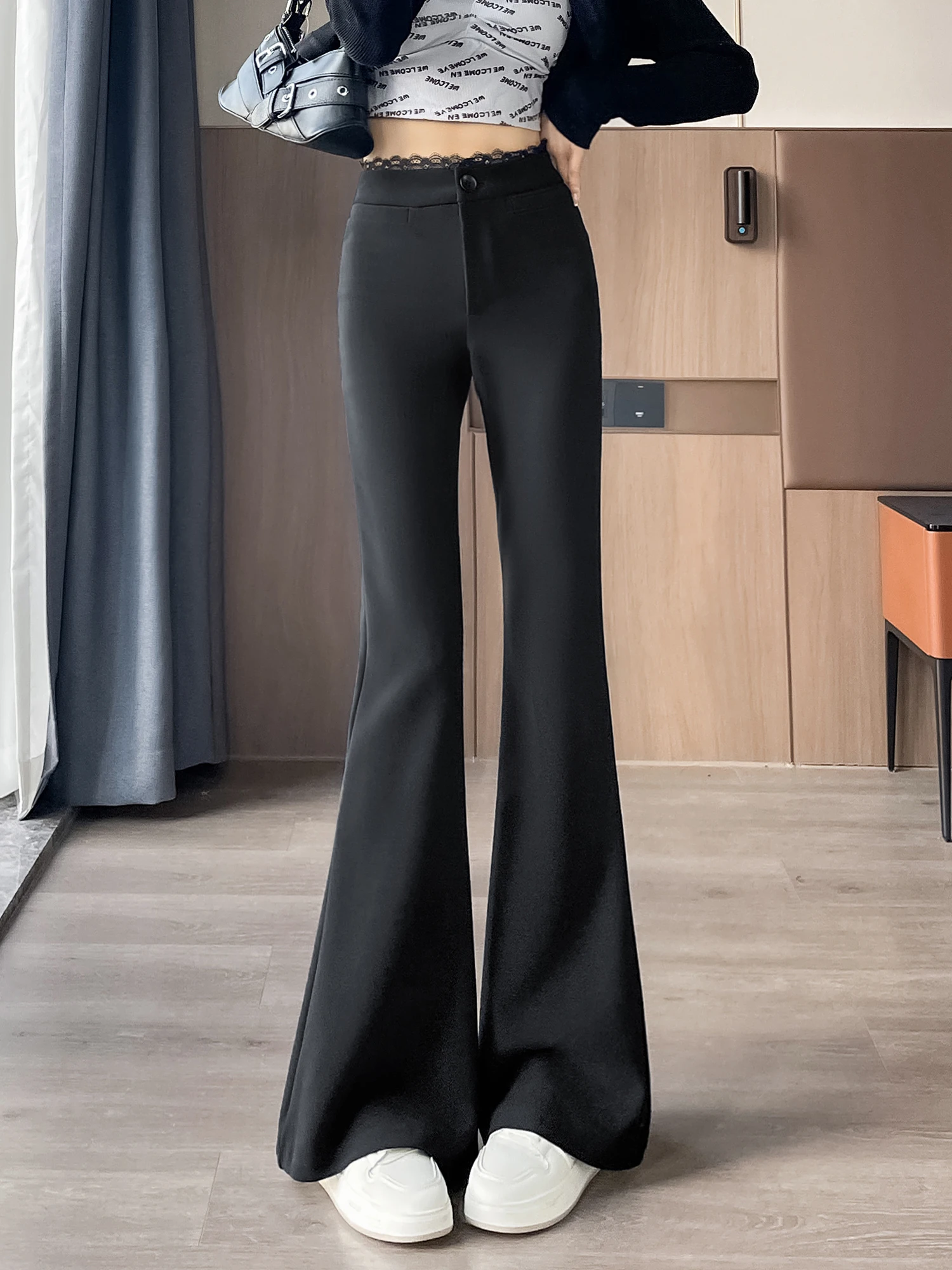 Bla Spitze Bell Bot Hosen frauen Frühling Herbst 2026 Neue Sle Hohe Taille Casual Anzug Hosen Koreanische Version Polyester faser