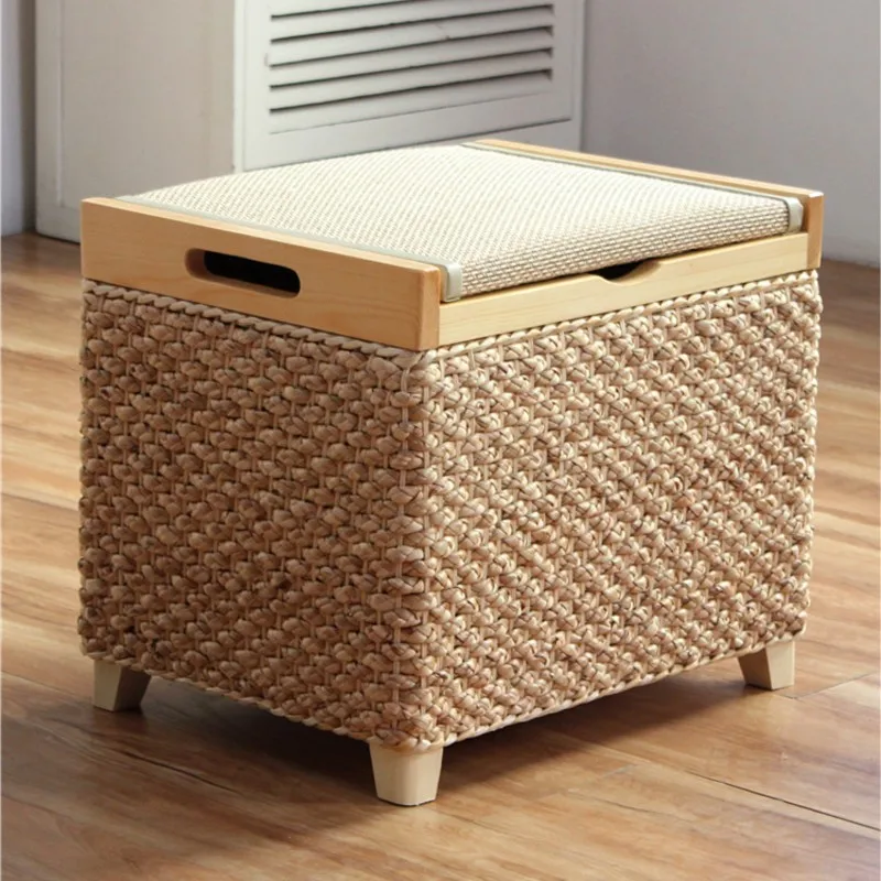 MOMO Rattan Storage Stool Storage Stool Solid Wood Storage Box Shoes Stool Household Can Sit Sofa Stool Doorway Shoe Bench