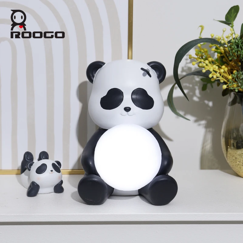 ROOGO New Design Cute Panda Night Light for Bedroom Resin Cartoon Animal Statues Home Decor 3 Colors Desktop Light for Children