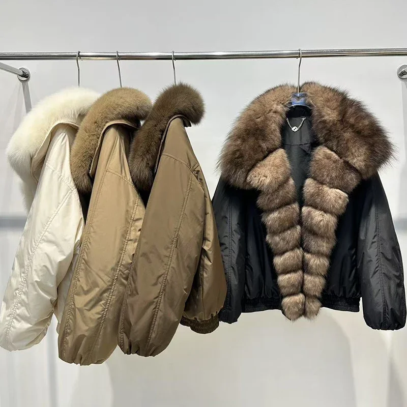 Elegancka Krótka Kurtka z Naturalnego Futra, 90% Białego Puchu Kaczy, Nowa Zimowa Kurtka Parka z Naturalnym, Dużym Kołnierzem z Futra Lisa, Damska, Luźna, Gruba i Ciepła