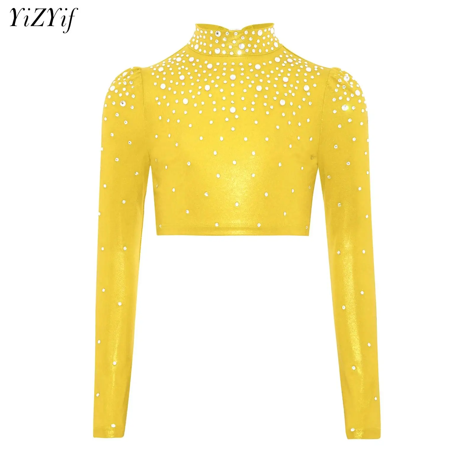 

Kids Girls Dance Crop Tops Long Sleeve Sparkling Rhinestones Top for Ballet Gymnastics Skating Stage Performance Dance Wear
