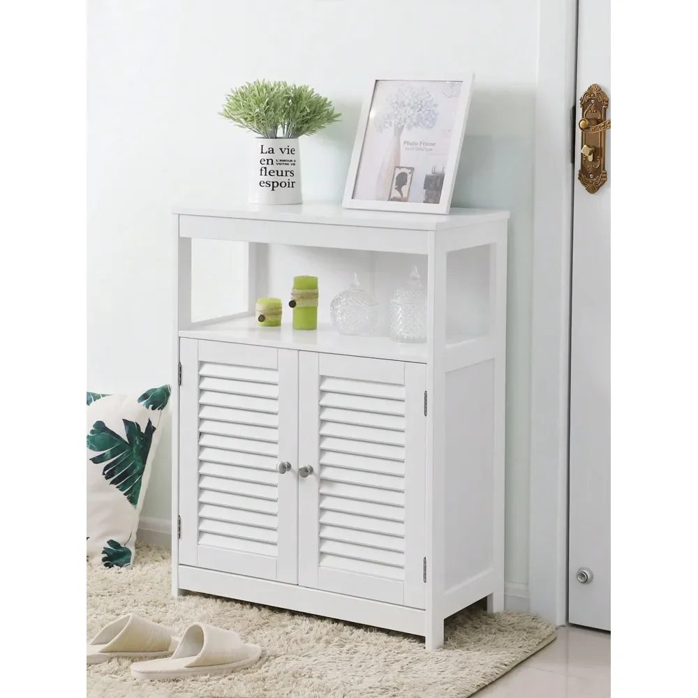 

Bathroom Storage Floor Cabinet, Free Standing With Double Shutter Doors And Adjustable Shelf