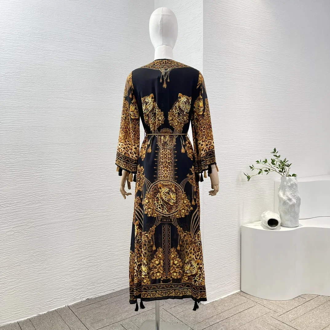 2024 New V Neck Midi Dress Baroque Style Black Golden Leopard Tiger Animals Print Long Sleeve Tassels Diamonds Pressed