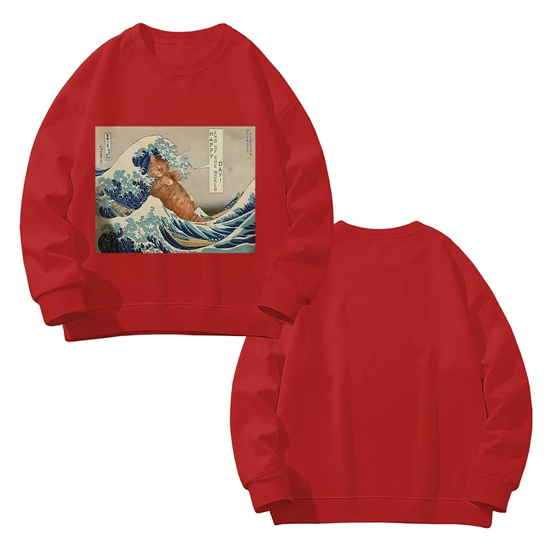 パーカー女性猫油絵プリント面白いグラフィックプルオーバースウェット長袖カジュアルレッドトップス原宿服 2025