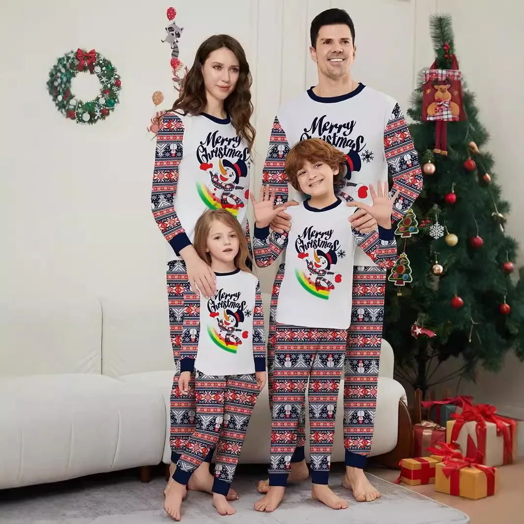 2024 Christmas Matching Family Pajamas Merry Xmas  Snowman Rainbow Pjs Adult Child Clothing Outfit Set Baby Jumpsuit+Dog Clothes