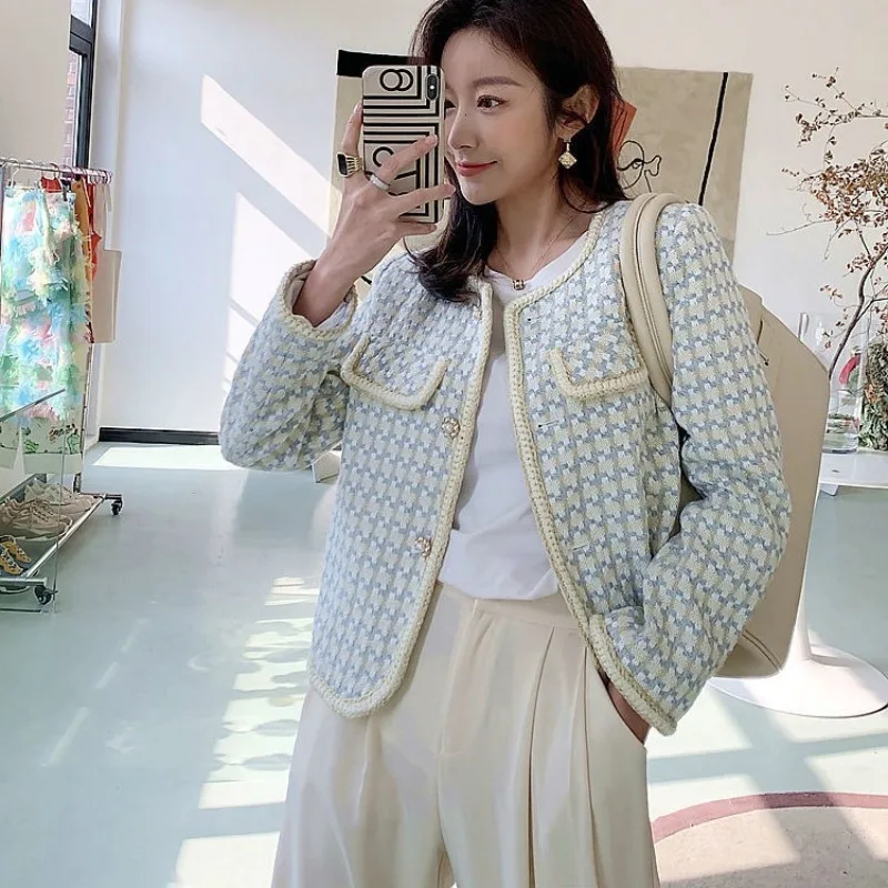 2026 Fashion Blue Houndstooth Tweed Short Coat Women's Coarse Woolen Jacket Spring Autumn O-neck Single-breasted Lady Outerwear