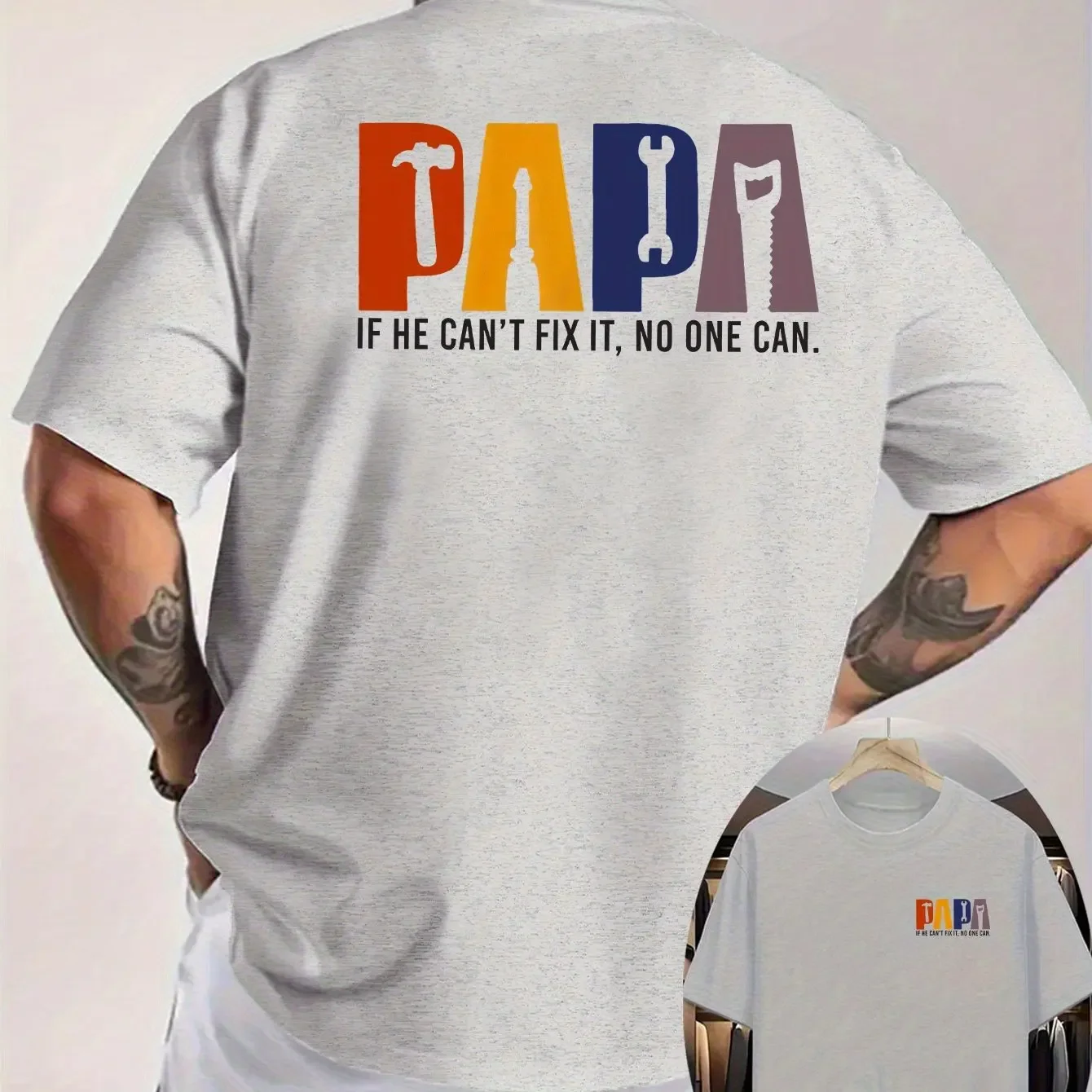 Men's Papa Handyman Tools Graphic Oversized T Shirt Hammer Wrench Saw Color Letter Print 100% Cotton Gray Father's Day Tee