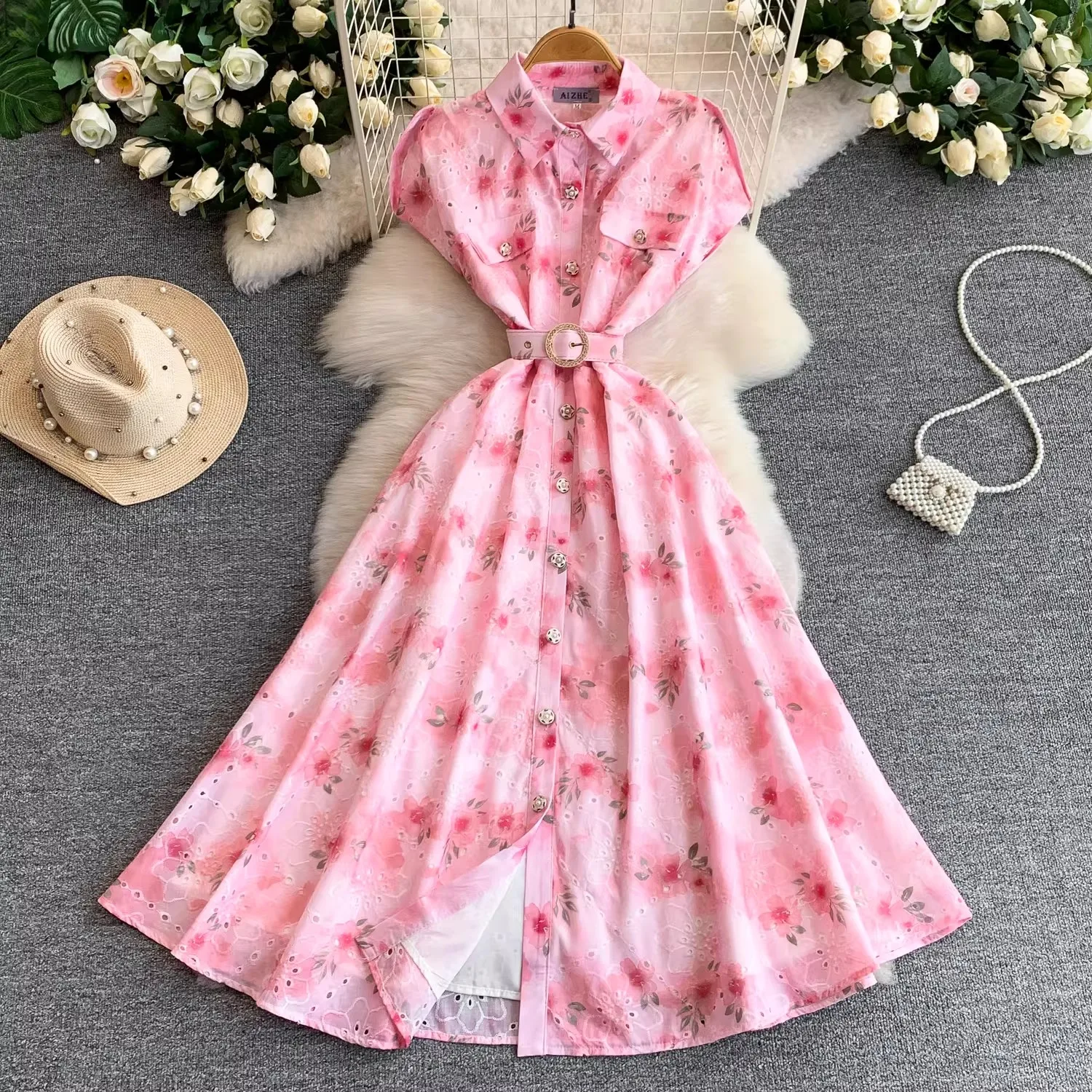 

Summer Elegant Vintage Lace Midi Dress Women's Lapel Short Sleeve Single Breasted Belt Hollow Out Embroidery Vestidos