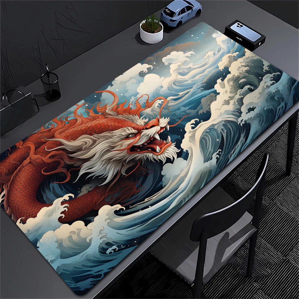 Golden Dragon and Wave Pattern Mouse Pad, Large Mouse Pad with Stitched Edges, XXL Keyboard Pad, Computer Desktop Accessories