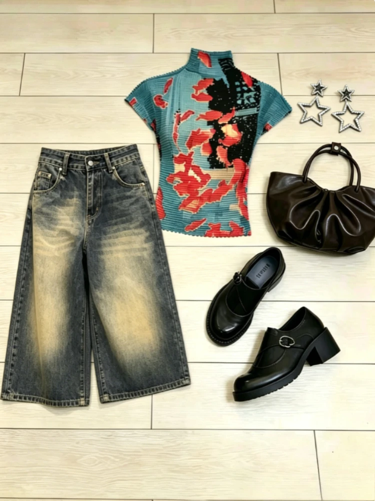Stylish Hot 2026 Y2k Street Denim Short Pants Women High Waist Washed Baggy Wide Leg Knee Length Daily Fashion Jeans Shorts
