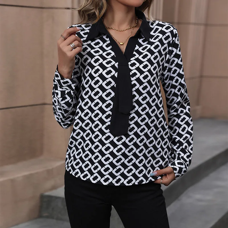 

Elegant Office Lady V-neck Pullover Blouse Tops 2025 New Autumn Women's Long Sleeved Chain Printed Shirt Fashion Blusa Feminina