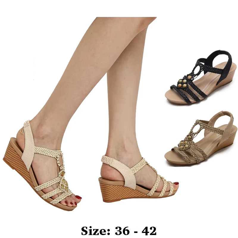 

High quality leather flat sandals for women wedge 5cm mid heel summer 2025 36 42 open toe casual beach shoe black beige brown