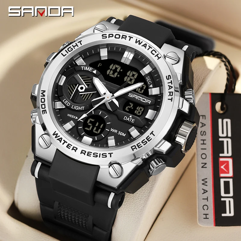 SANDA G‑Style Men Sports Watch, 50M Waterproof Dual‑Display Quartz Wristwatch, Shock‑Resistant LED Alarm Clock