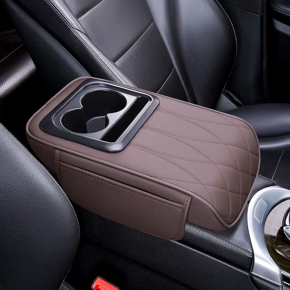 

Portable Center Console Armrest Cushion PU Leather with Cup Holder Car Armrest Pillow Multifunctional Height Increasing