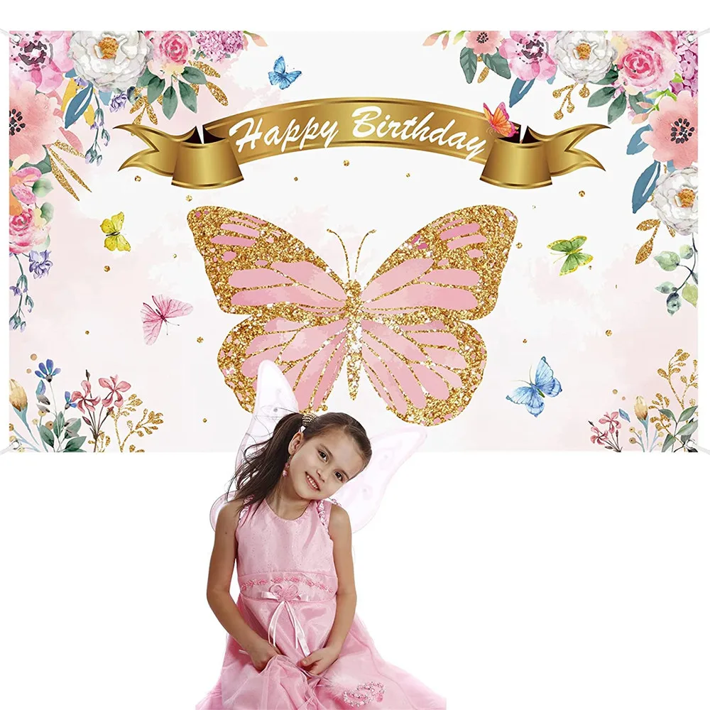 Vinyl 7x5ft Customizable Butterfly Floral Birthday Party Backdrop Pink Photography Background Table Banner Wall Decor for Girl's