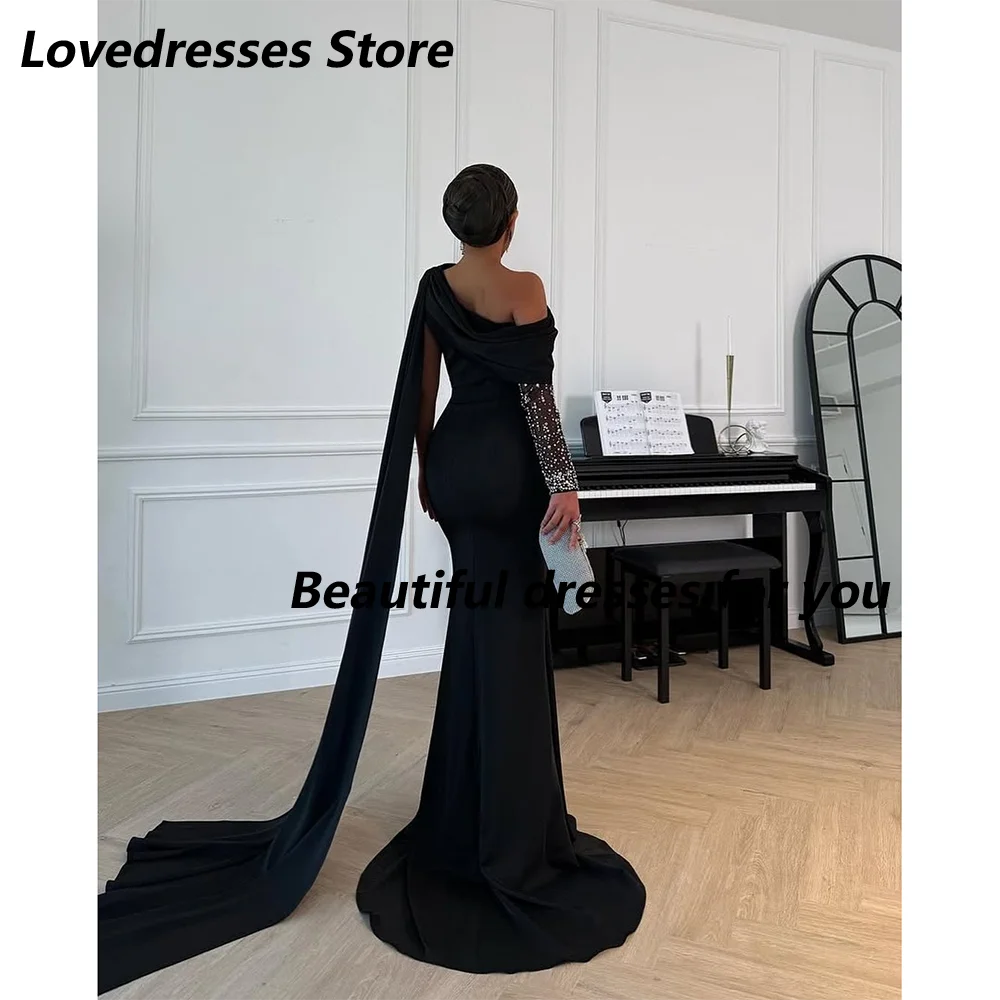 Black Evening Dresses for Women Off Shoulder Long Sleeves Mermaid Girl Prom Formal Wedding Guest Special Events Gala Customized image 2